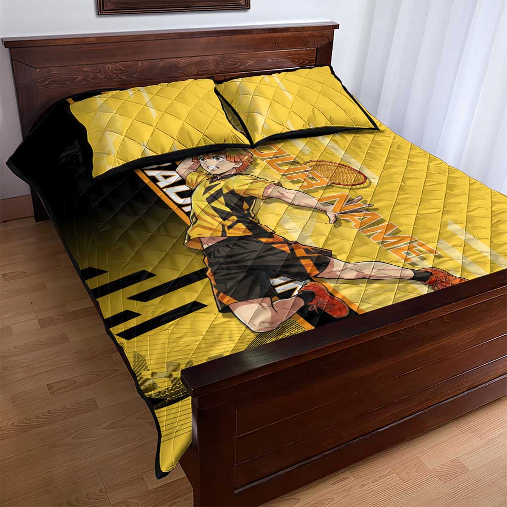 Personalized Zenitsu Agatsuki Demon Slayer Badminton Theme Quilt Bed Set with Racket Action Pose and Yellow Black Graphic Design - The Mazicc