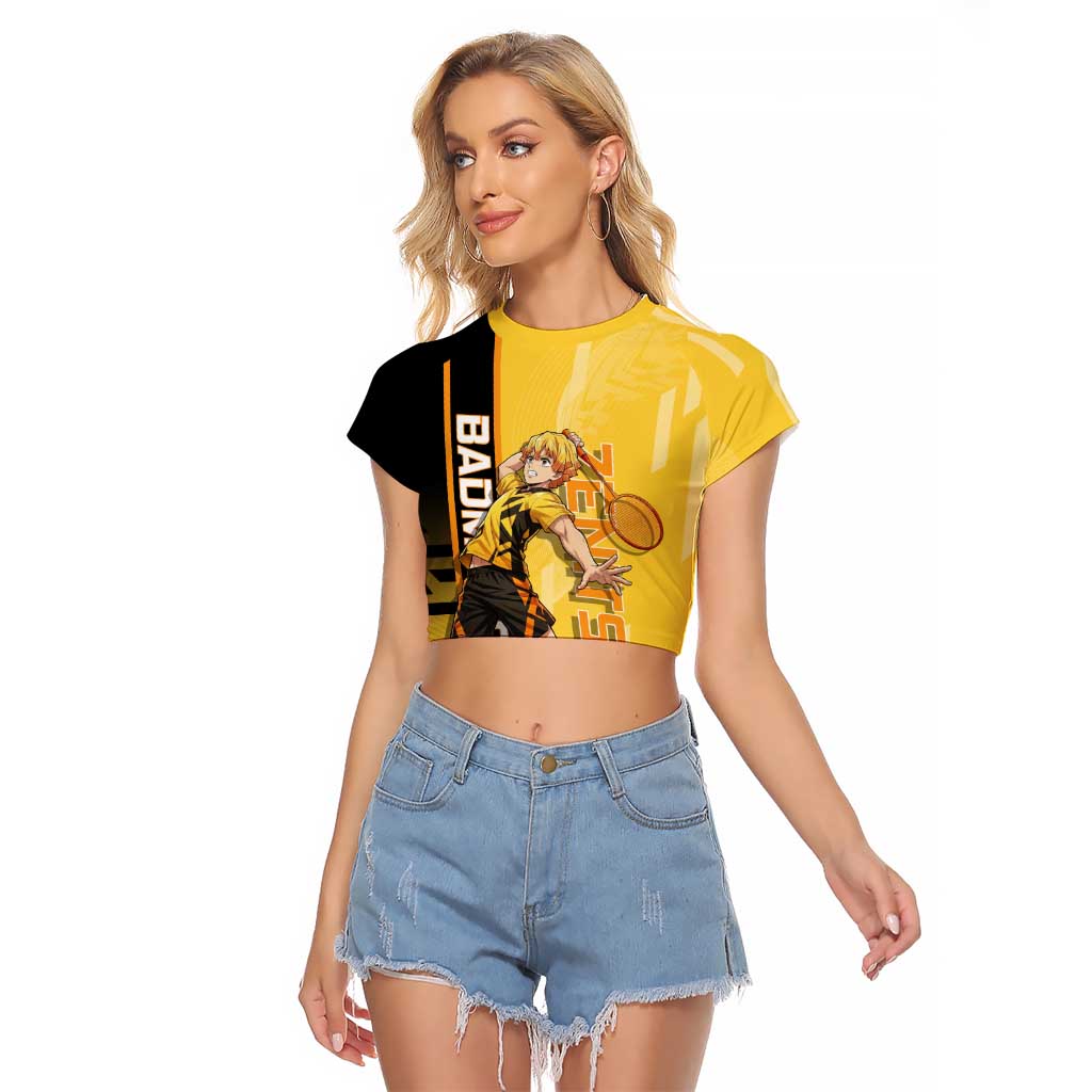 Personalized Zenitsu Agatsuki Demon Slayer Badminton Theme Raglan Cropped T Shirt with Racket Action Pose and Yellow Black Graphic Design - The Mazicc