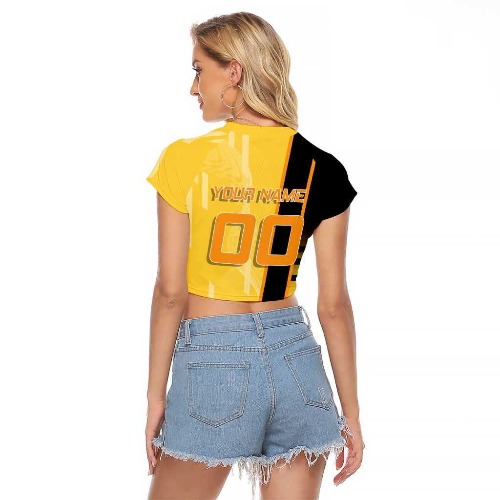 Personalized Zenitsu Agatsuki Demon Slayer Badminton Theme Raglan Cropped T Shirt with Racket Action Pose and Yellow Black Graphic Design - The Mazicc