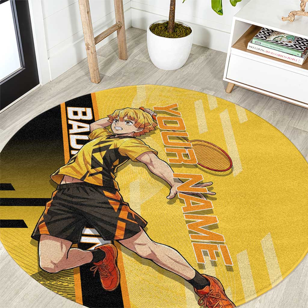 Personalized Zenitsu Agatsuki Demon Slayer Badminton Theme Round Carpet with Racket Action Pose and Yellow Black Graphic Design - The Mazicc