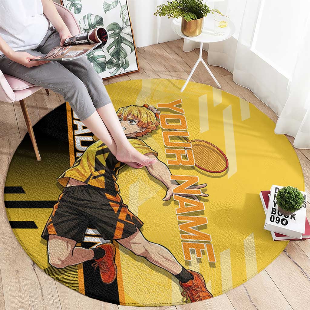 Personalized Zenitsu Agatsuki Demon Slayer Badminton Theme Round Carpet with Racket Action Pose and Yellow Black Graphic Design - The Mazicc