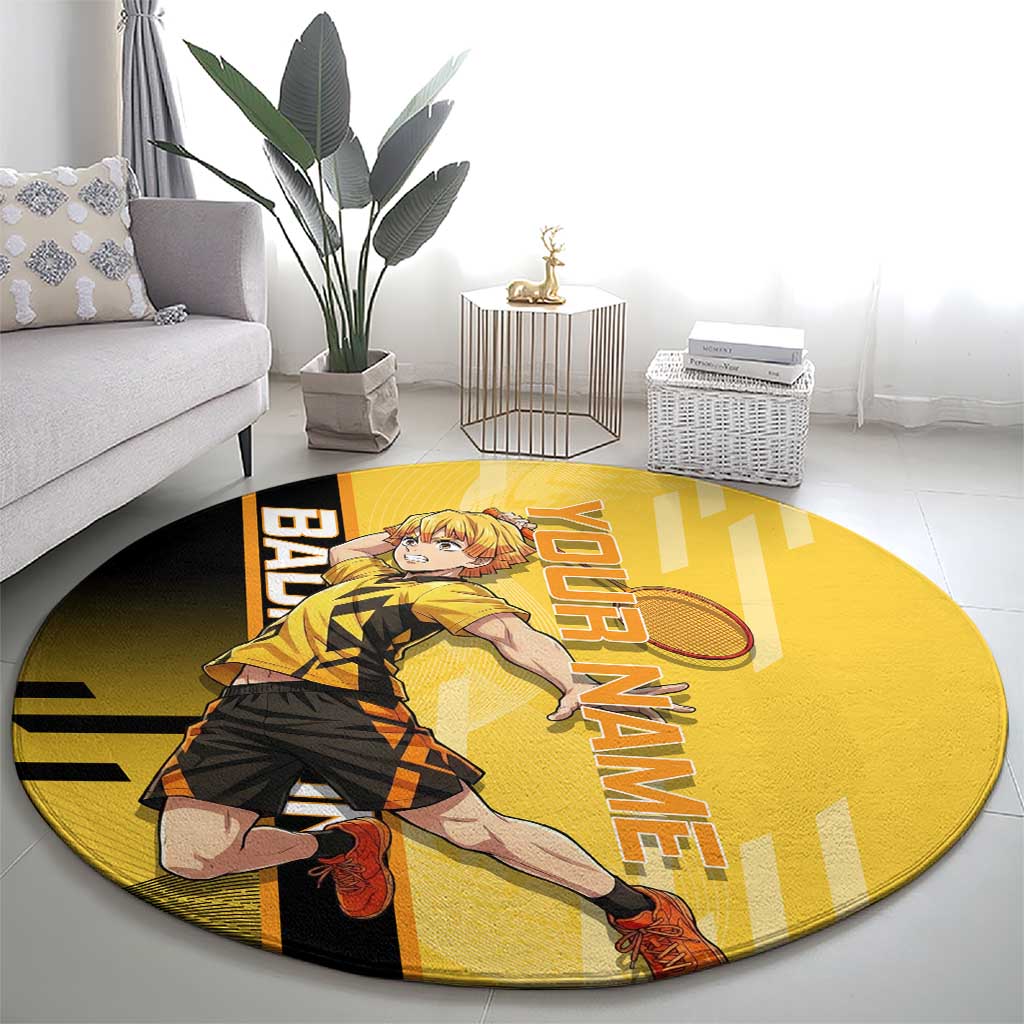 Personalized Zenitsu Agatsuki Demon Slayer Badminton Theme Round Carpet with Racket Action Pose and Yellow Black Graphic Design - The Mazicc