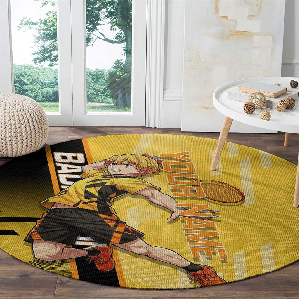 Personalized Zenitsu Agatsuki Demon Slayer Badminton Theme Round Carpet with Racket Action Pose and Yellow Black Graphic Design - The Mazicc