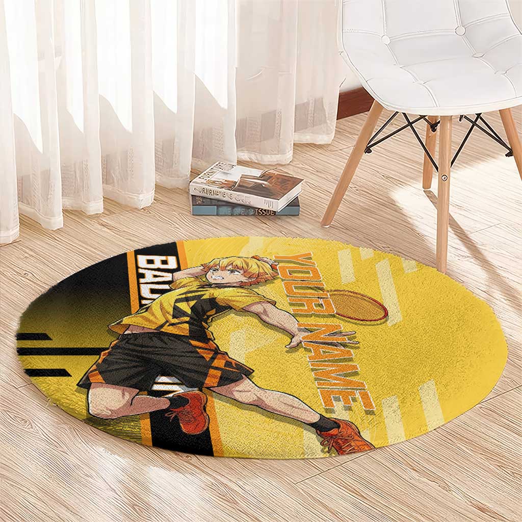 Personalized Zenitsu Agatsuki Demon Slayer Badminton Theme Round Carpet with Racket Action Pose and Yellow Black Graphic Design - The Mazicc