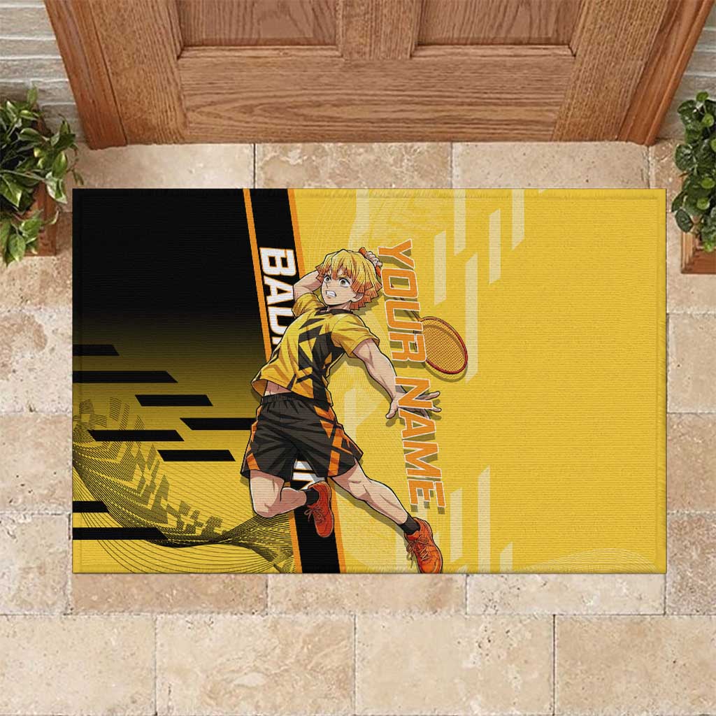 Personalized Zenitsu Agatsuki Demon Slayer Badminton Theme Rubber Doormat with Racket Action Pose and Yellow Black Graphic Design - The Mazicc