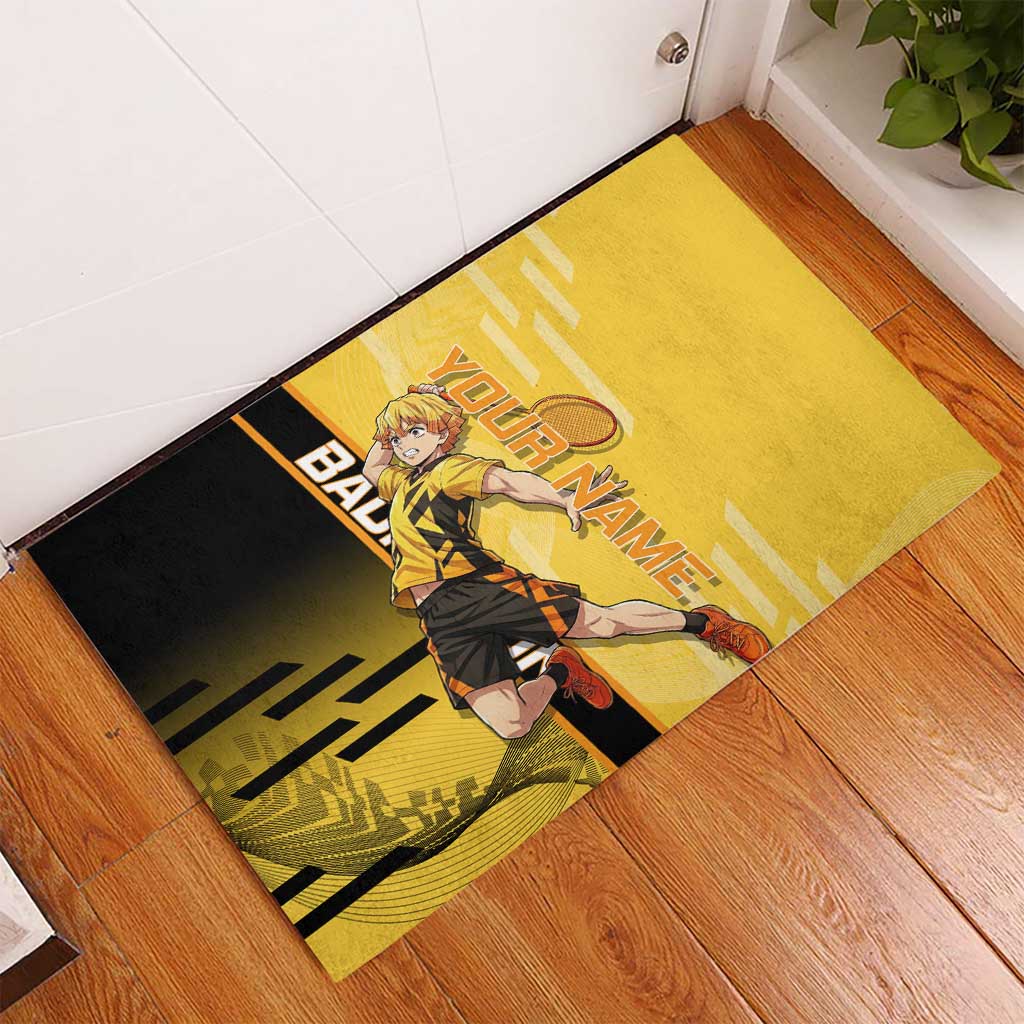 Personalized Zenitsu Agatsuki Demon Slayer Badminton Theme Rubber Doormat with Racket Action Pose and Yellow Black Graphic Design - The Mazicc