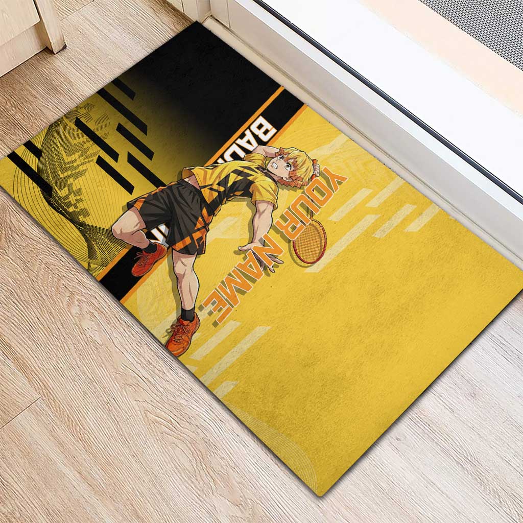 Personalized Zenitsu Agatsuki Demon Slayer Badminton Theme Rubber Doormat with Racket Action Pose and Yellow Black Graphic Design - The Mazicc
