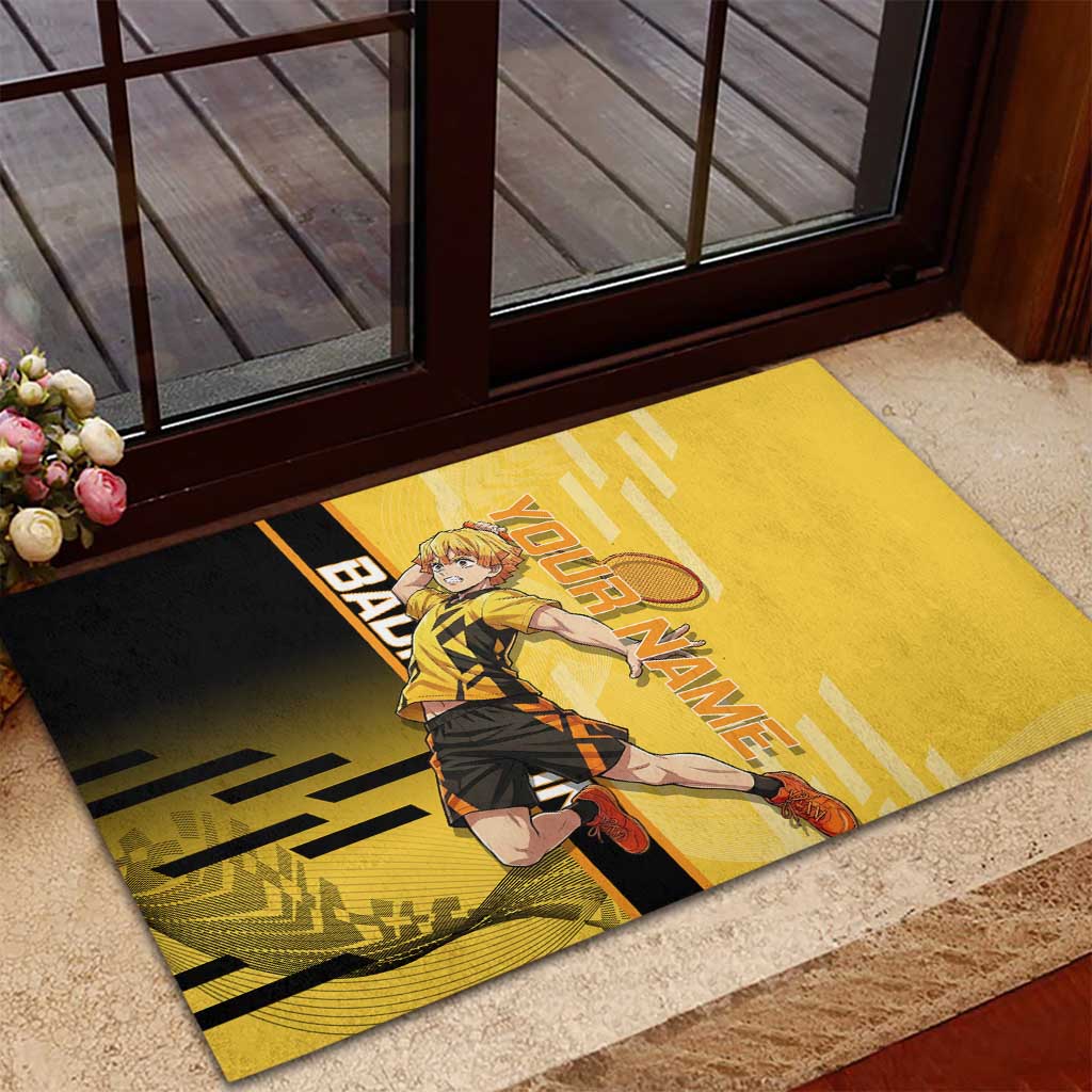 Personalized Zenitsu Agatsuki Demon Slayer Badminton Theme Rubber Doormat with Racket Action Pose and Yellow Black Graphic Design - The Mazicc