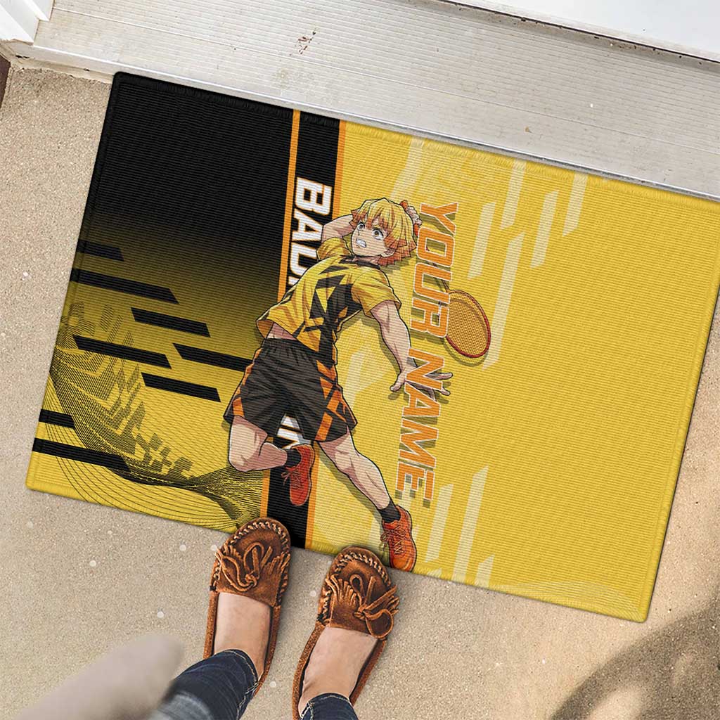 Personalized Zenitsu Agatsuki Demon Slayer Badminton Theme Rubber Doormat with Racket Action Pose and Yellow Black Graphic Design - The Mazicc
