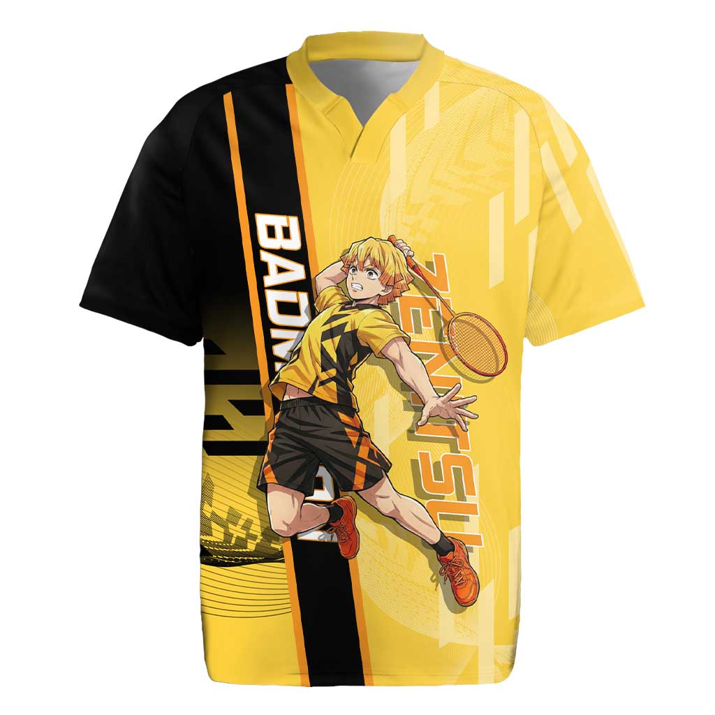 Personalized Zenitsu Agatsuki Demon Slayer Badminton Theme Rugby Jersey with Racket Action Pose and Yellow Black Graphic Design - The Mazicc