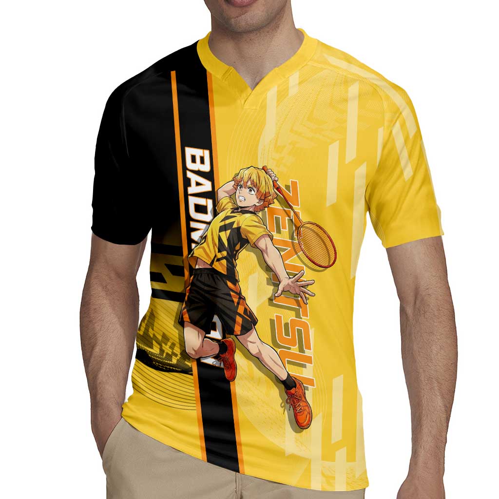 Personalized Zenitsu Agatsuki Demon Slayer Badminton Theme Rugby Jersey with Racket Action Pose and Yellow Black Graphic Design - The Mazicc