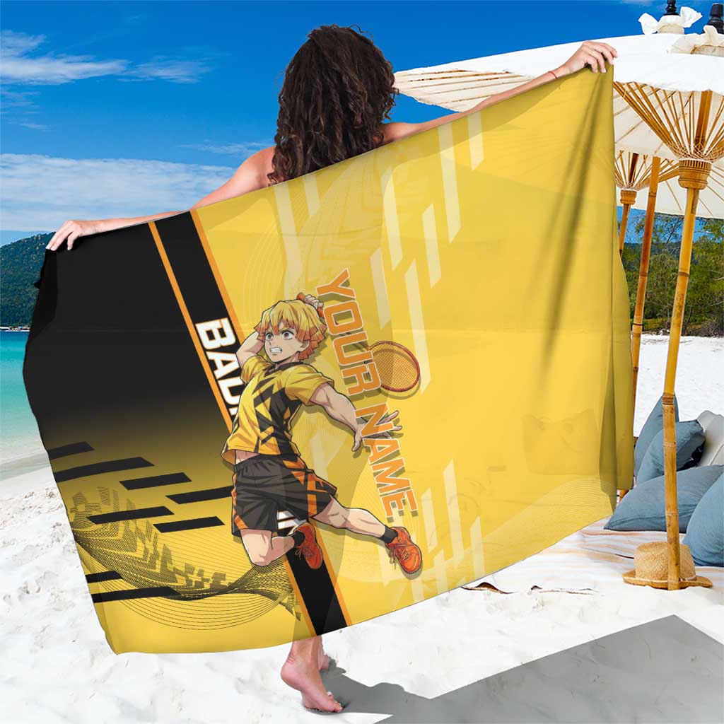 Personalized Zenitsu Agatsuki Demon Slayer Badminton Theme Sarong with Racket Action Pose and Yellow Black Graphic Design - The Mazicc