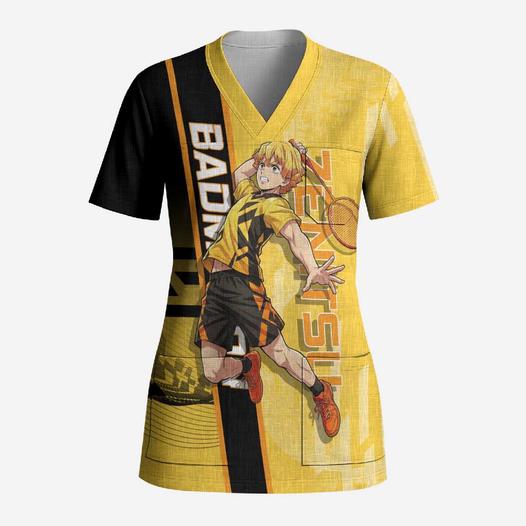 Personalized Zenitsu Agatsuki Demon Slayer Badminton Theme Scrub Top with Racket Action Pose and Yellow Black Graphic Design - The Mazicc