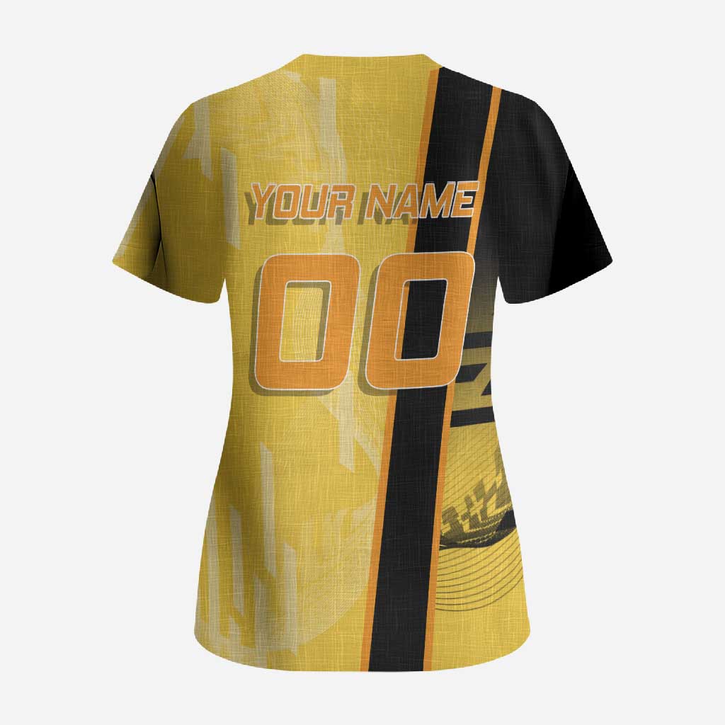 Personalized Zenitsu Agatsuki Demon Slayer Badminton Theme Scrub Top with Racket Action Pose and Yellow Black Graphic Design - The Mazicc