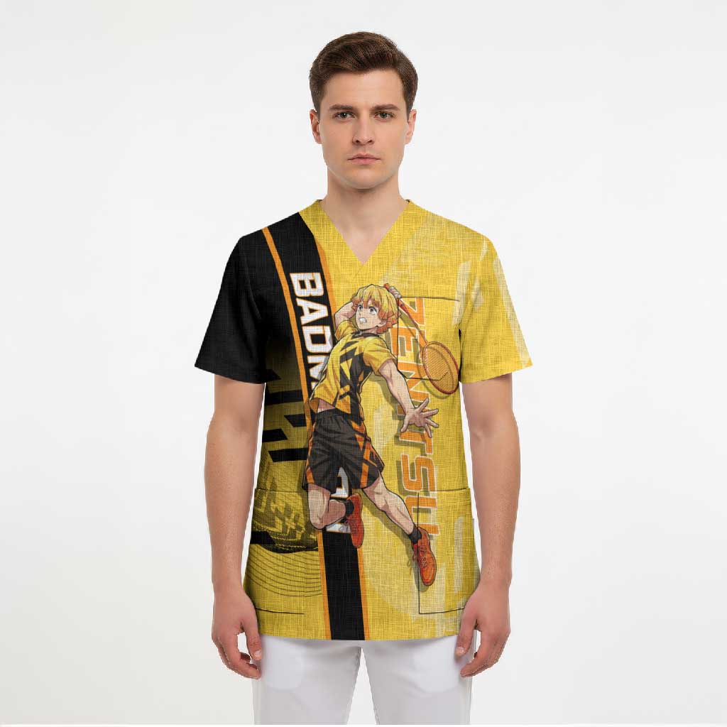 Personalized Zenitsu Agatsuki Demon Slayer Badminton Theme Scrub Top with Racket Action Pose and Yellow Black Graphic Design - The Mazicc
