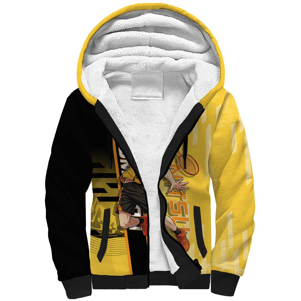 Personalized Zenitsu Agatsuki Demon Slayer Badminton Theme Sherpa Hoodie with Racket Action Pose and Yellow Black Graphic Design - The Mazicc