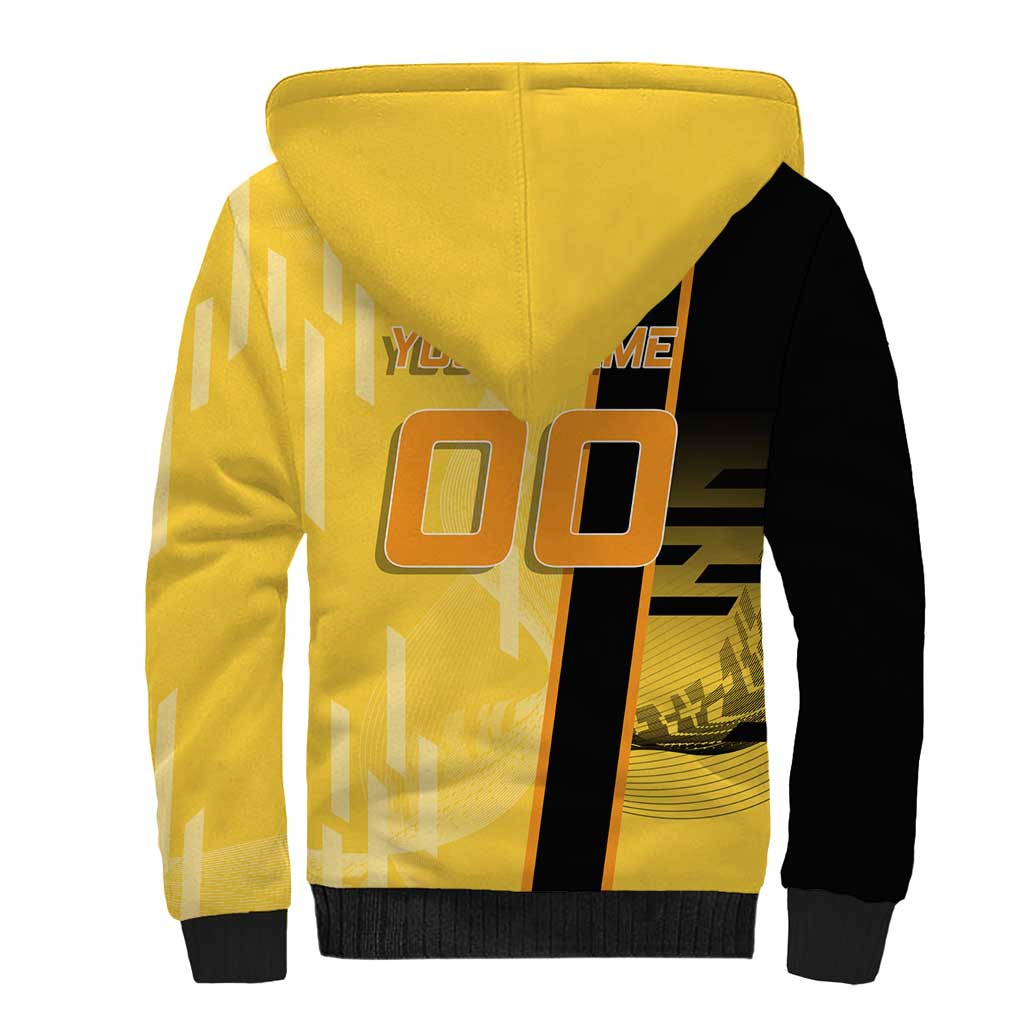 Personalized Zenitsu Agatsuki Demon Slayer Badminton Theme Sherpa Hoodie with Racket Action Pose and Yellow Black Graphic Design - The Mazicc