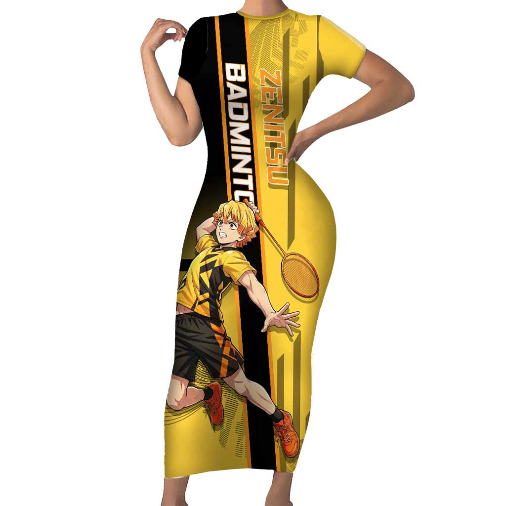 Personalized Zenitsu Agatsuki Demon Slayer Badminton Theme Short Sleeve Bodycon Dress with Racket Action Pose and Yellow Black Graphic Design - The Mazicc