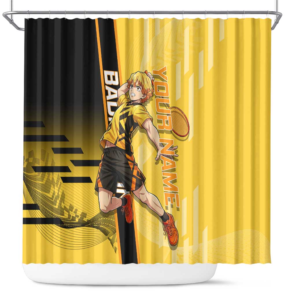 Personalized Zenitsu Agatsuki Demon Slayer Badminton Theme Shower Curtain with Racket Action Pose and Yellow Black Graphic Design - The Mazicc