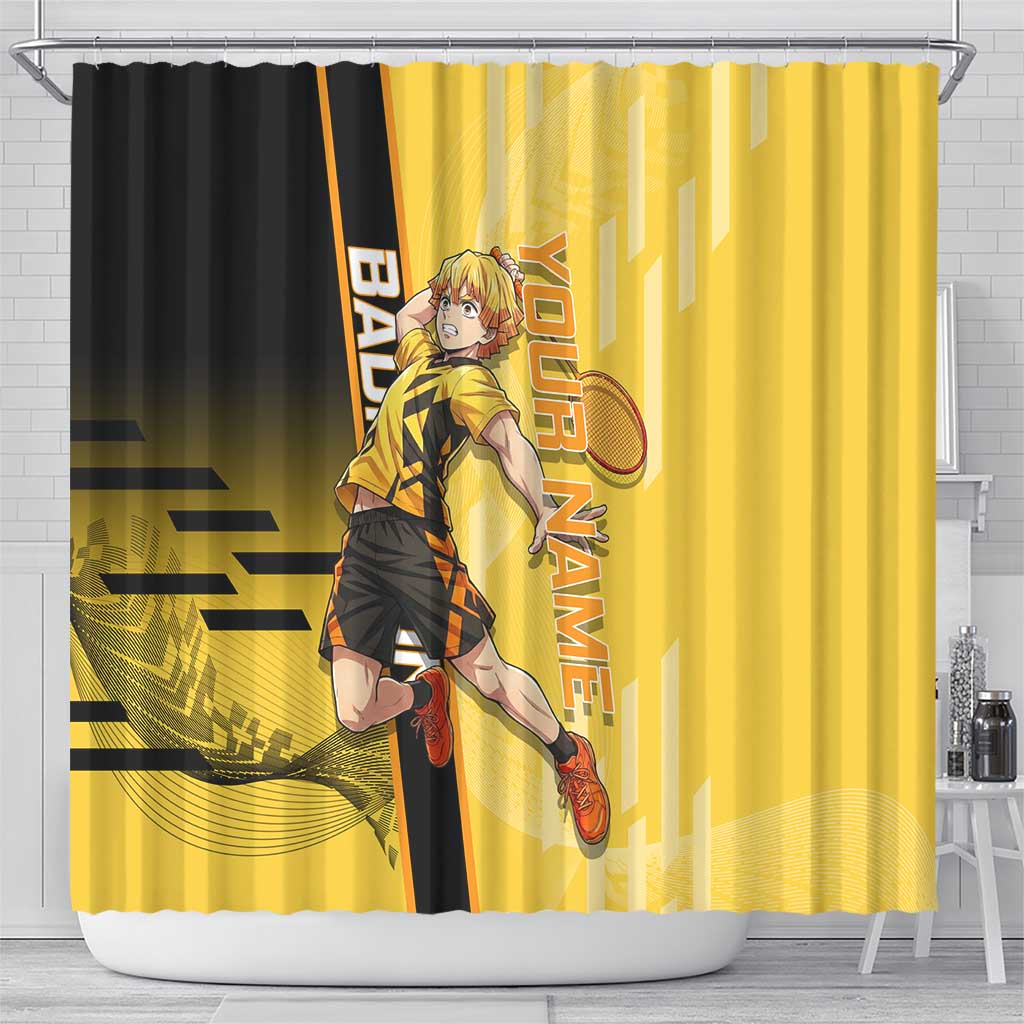 Personalized Zenitsu Agatsuki Demon Slayer Badminton Theme Shower Curtain with Racket Action Pose and Yellow Black Graphic Design - The Mazicc