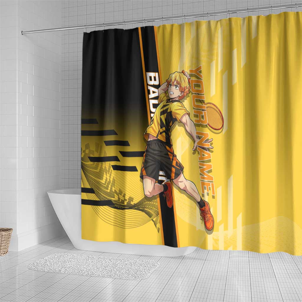 Personalized Zenitsu Agatsuki Demon Slayer Badminton Theme Shower Curtain with Racket Action Pose and Yellow Black Graphic Design - The Mazicc