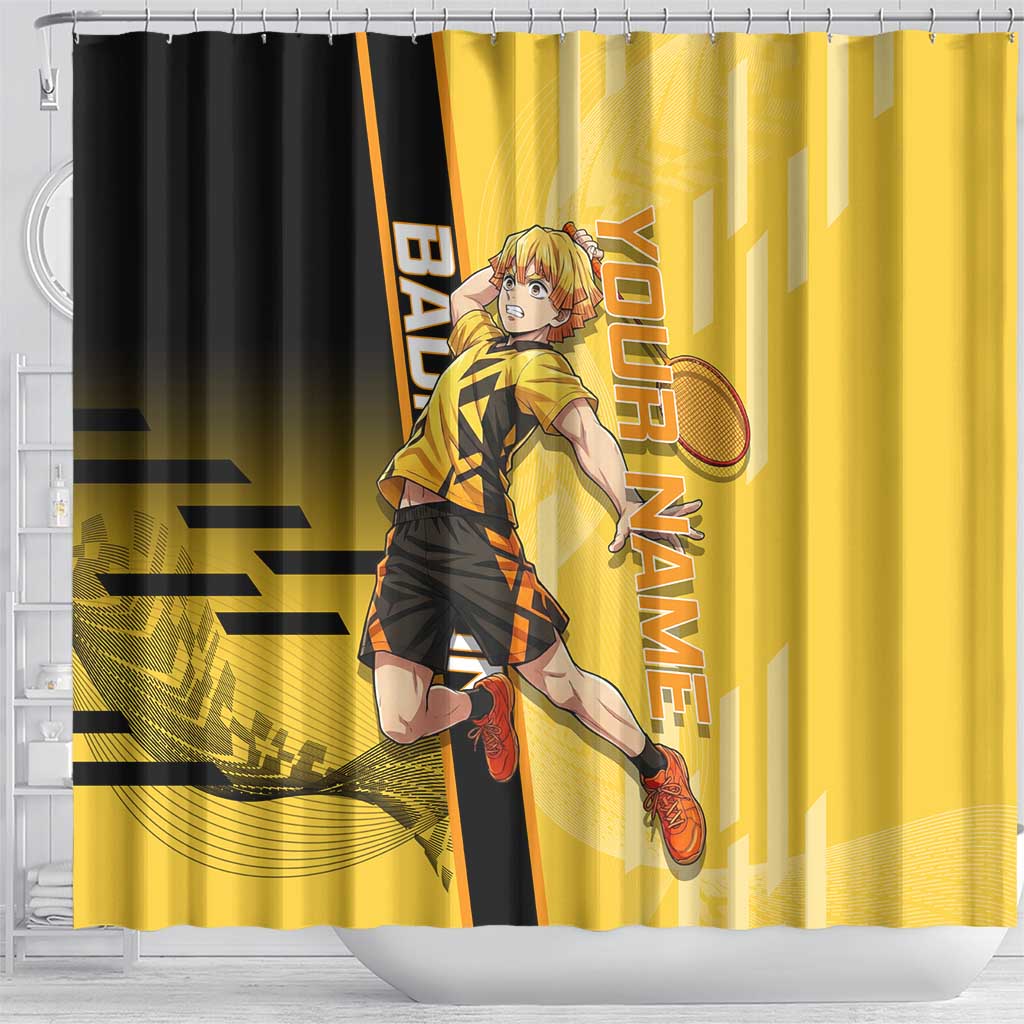 Personalized Zenitsu Agatsuki Demon Slayer Badminton Theme Shower Curtain with Racket Action Pose and Yellow Black Graphic Design - The Mazicc