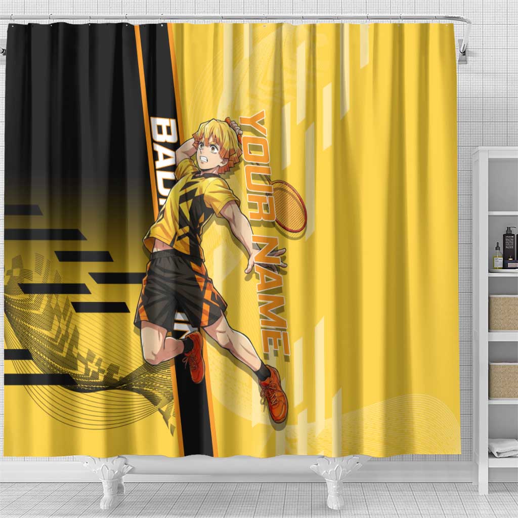 Personalized Zenitsu Agatsuki Demon Slayer Badminton Theme Shower Curtain with Racket Action Pose and Yellow Black Graphic Design - The Mazicc