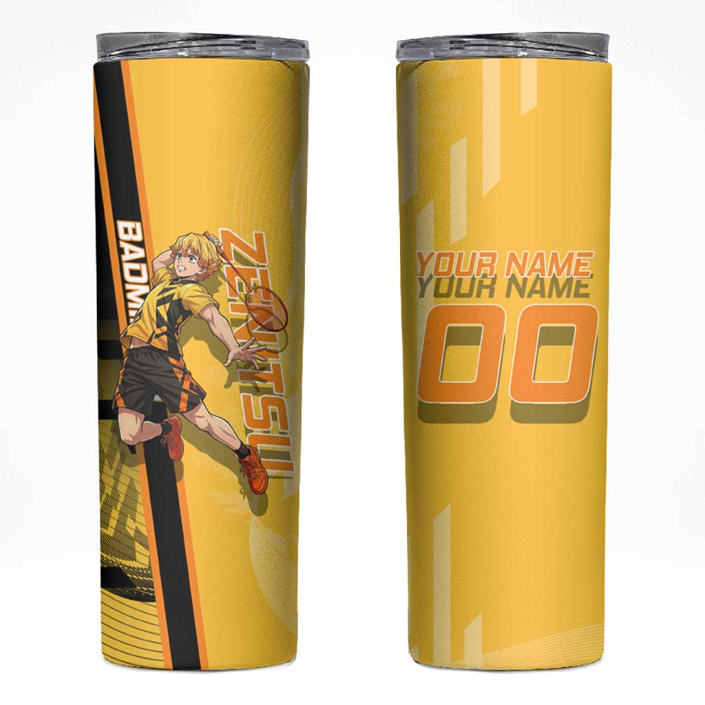 Personalized Zenitsu Agatsuki Demon Slayer Badminton Theme Skinny Tumbler with Racket Action Pose and Yellow Black Graphic Design - The Mazicc