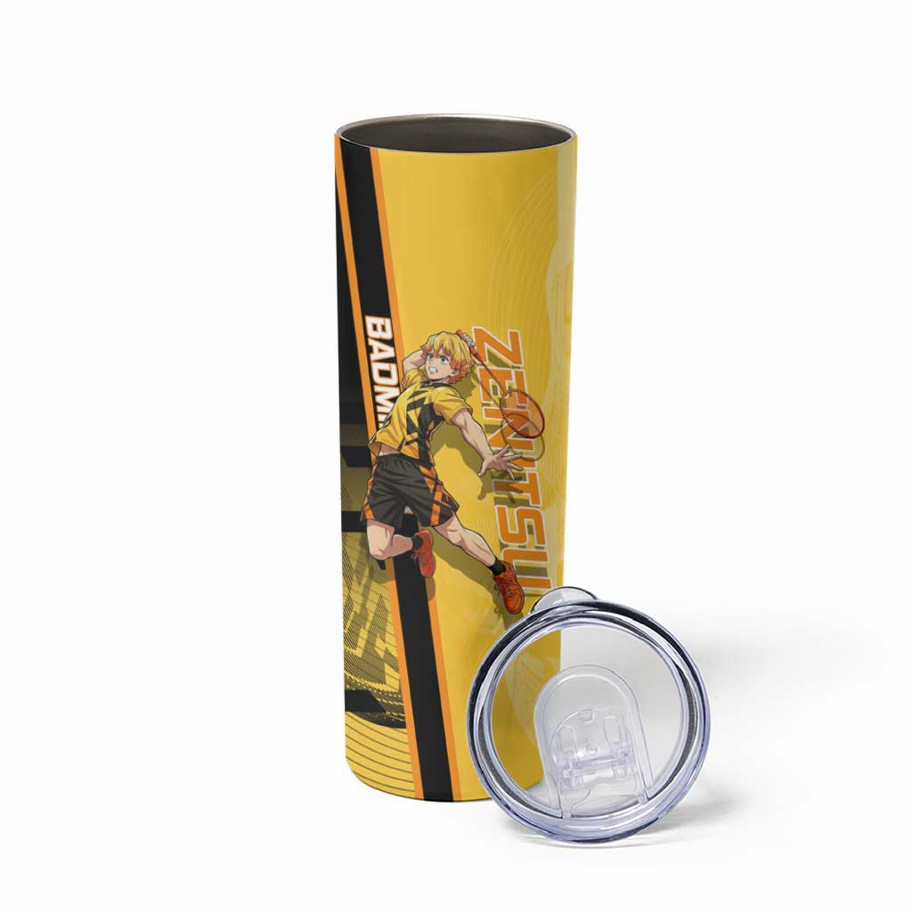 Personalized Zenitsu Agatsuki Demon Slayer Badminton Theme Skinny Tumbler with Racket Action Pose and Yellow Black Graphic Design - The Mazicc