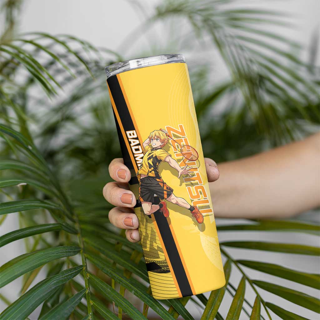 Personalized Zenitsu Agatsuki Demon Slayer Badminton Theme Skinny Tumbler with Racket Action Pose and Yellow Black Graphic Design - The Mazicc