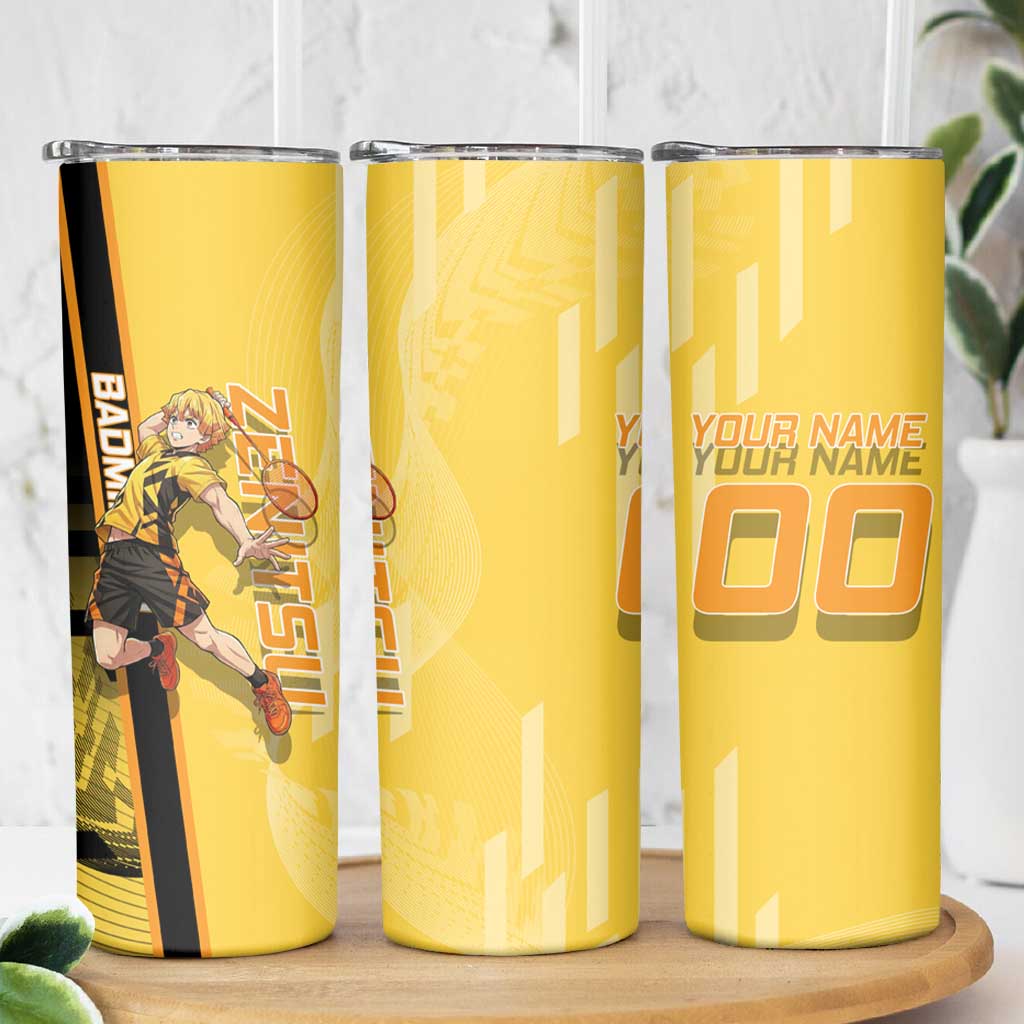 Personalized Zenitsu Agatsuki Demon Slayer Badminton Theme Skinny Tumbler with Racket Action Pose and Yellow Black Graphic Design - The Mazicc