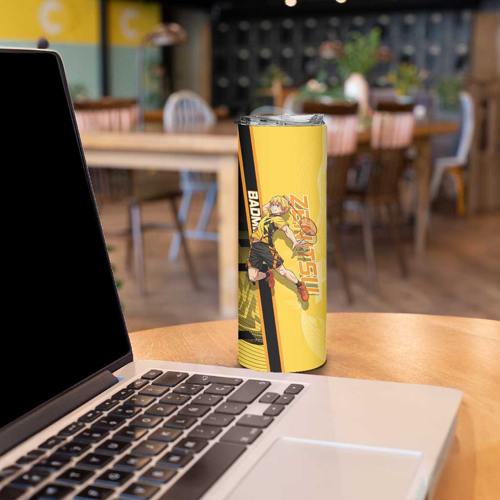 Personalized Zenitsu Agatsuki Demon Slayer Badminton Theme Skinny Tumbler with Racket Action Pose and Yellow Black Graphic Design - The Mazicc