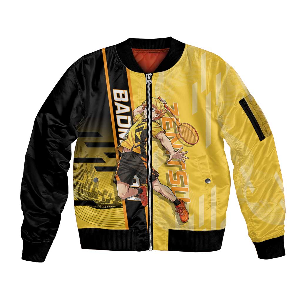 Personalized Zenitsu Agatsuki Demon Slayer Badminton Theme Sleeve Zip Bomber Jacket with Racket Action Pose and Yellow Black Graphic Design - The Mazicc