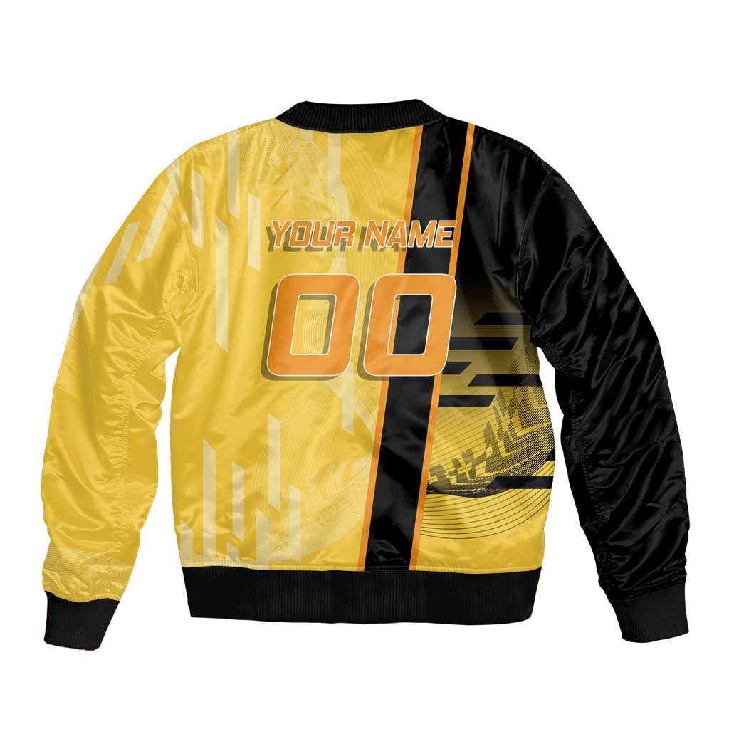 Personalized Zenitsu Agatsuki Demon Slayer Badminton Theme Sleeve Zip Bomber Jacket with Racket Action Pose and Yellow Black Graphic Design - The Mazicc