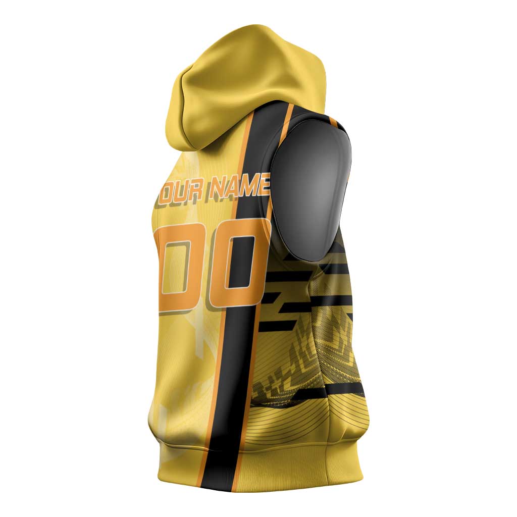 Personalized Zenitsu Agatsuki Demon Slayer Badminton Theme Sleeveless Hoodie with Racket Action Pose and Yellow Black Graphic Design - The Mazicc