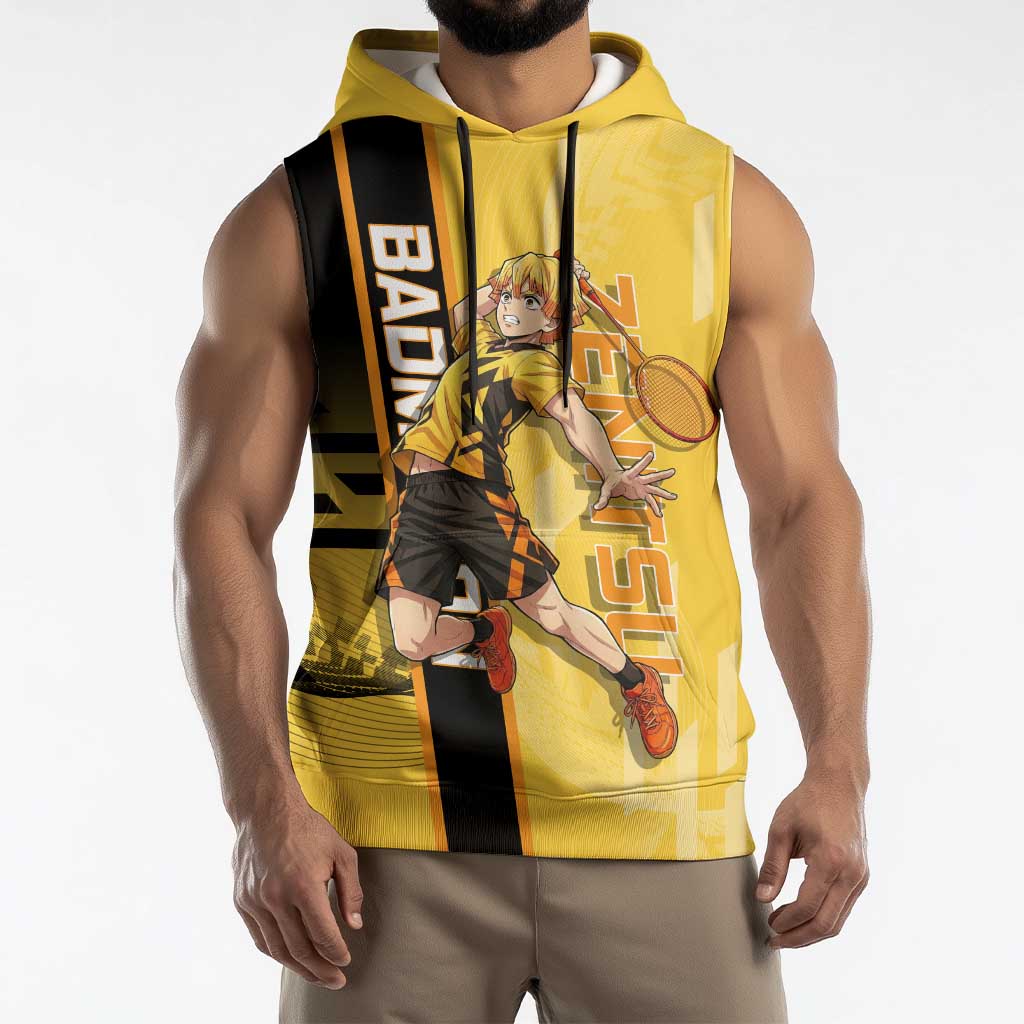 Personalized Zenitsu Agatsuki Demon Slayer Badminton Theme Sleeveless Hoodie with Racket Action Pose and Yellow Black Graphic Design - The Mazicc