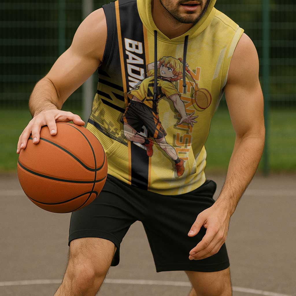Personalized Zenitsu Agatsuki Demon Slayer Badminton Theme Sleeveless Hoodie with Racket Action Pose and Yellow Black Graphic Design - The Mazicc