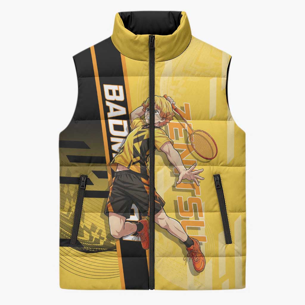Personalized Zenitsu Agatsuki Demon Slayer Badminton Theme Sleeveless Puffer Jacket with Racket Action Pose and Yellow Black Graphic Design - The Mazicc