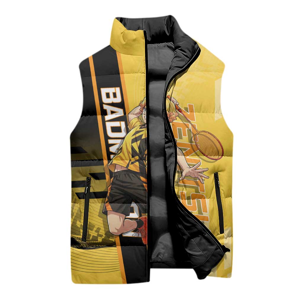 Personalized Zenitsu Agatsuki Demon Slayer Badminton Theme Sleeveless Puffer Jacket with Racket Action Pose and Yellow Black Graphic Design - The Mazicc