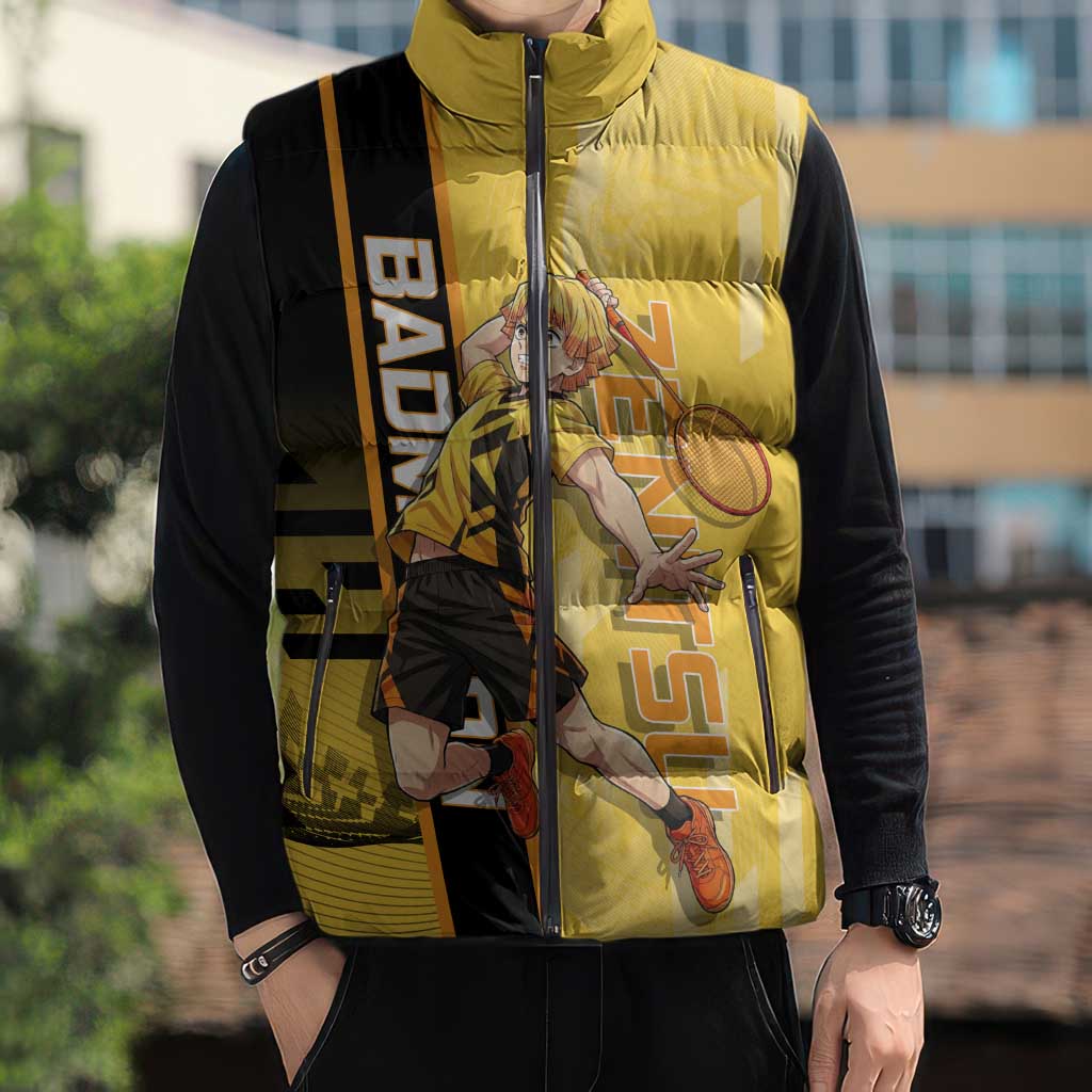 Personalized Zenitsu Agatsuki Demon Slayer Badminton Theme Sleeveless Puffer Jacket with Racket Action Pose and Yellow Black Graphic Design - The Mazicc