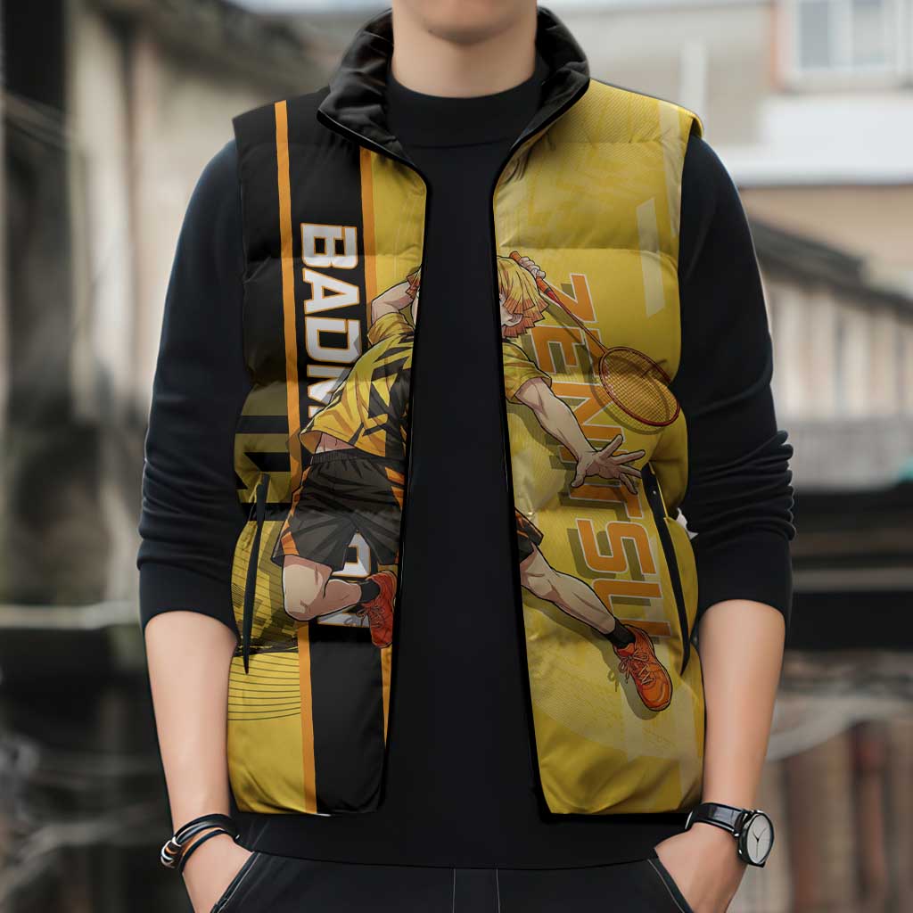 Personalized Zenitsu Agatsuki Demon Slayer Badminton Theme Sleeveless Puffer Jacket with Racket Action Pose and Yellow Black Graphic Design - The Mazicc