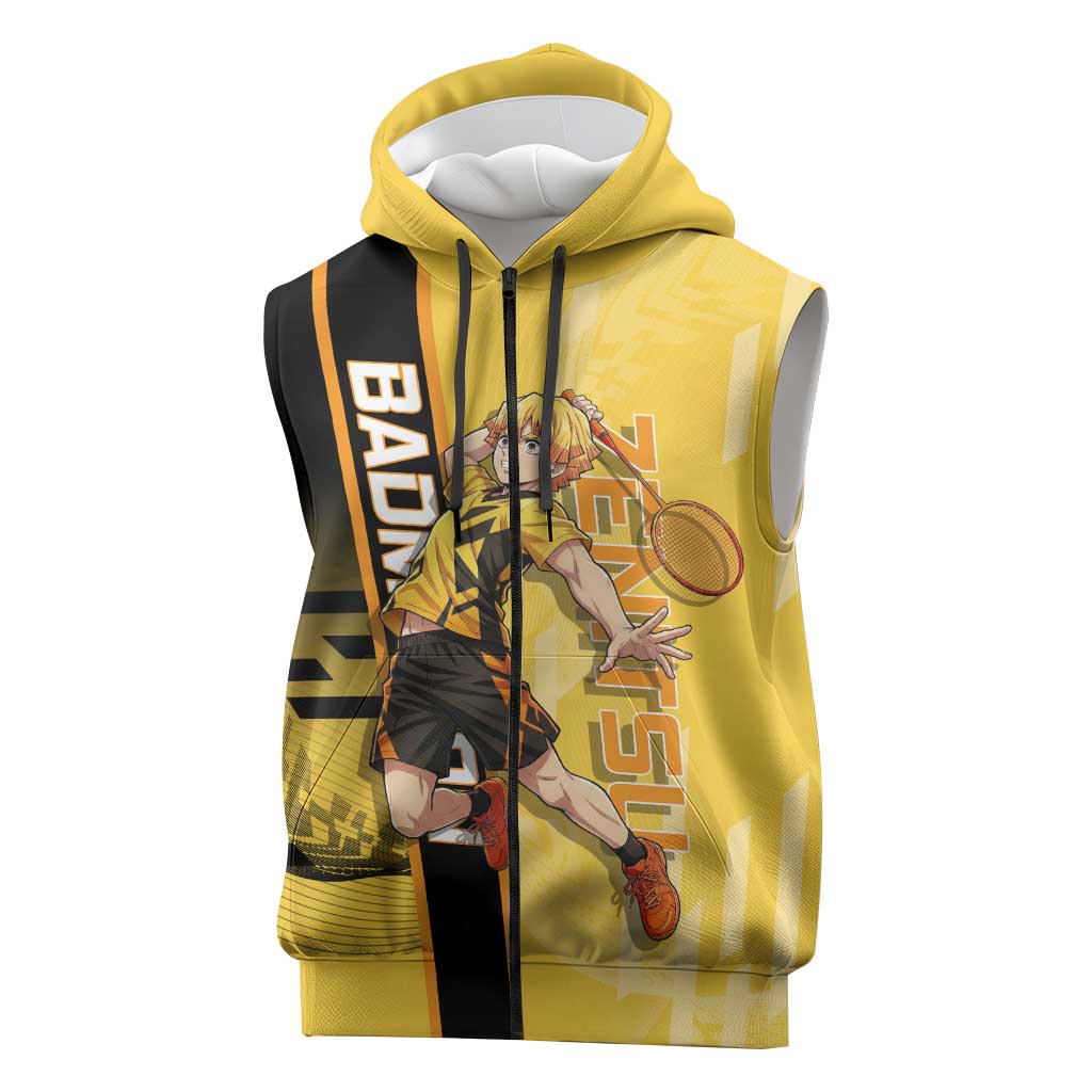 Personalized Zenitsu Agatsuki Demon Slayer Badminton Theme Sleeveless Zip Hoodie with Racket Action Pose and Yellow Black Graphic Design - The Mazicc
