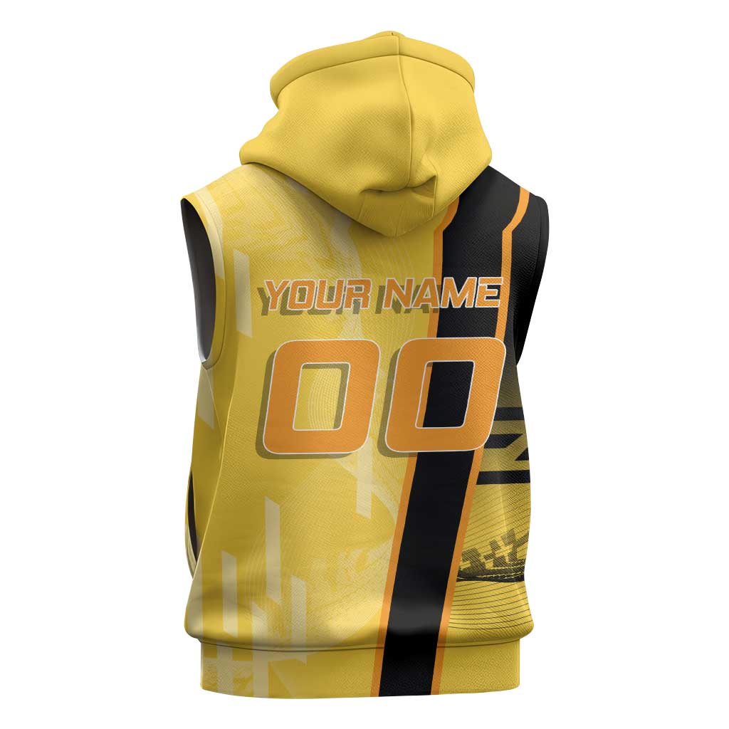 Personalized Zenitsu Agatsuki Demon Slayer Badminton Theme Sleeveless Zip Hoodie with Racket Action Pose and Yellow Black Graphic Design - The Mazicc