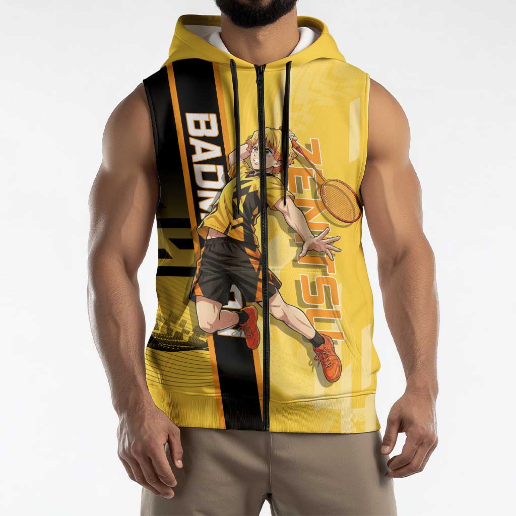 Personalized Zenitsu Agatsuki Demon Slayer Badminton Theme Sleeveless Zip Hoodie with Racket Action Pose and Yellow Black Graphic Design - The Mazicc