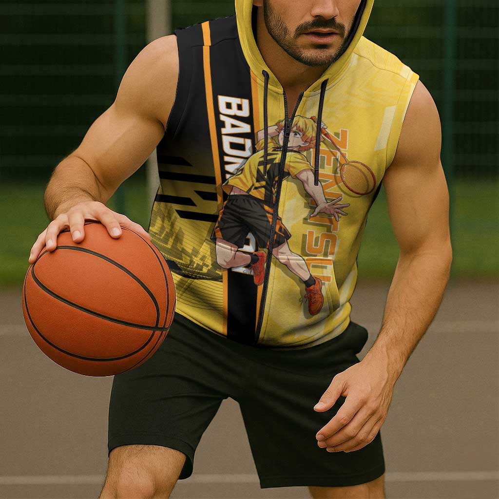 Personalized Zenitsu Agatsuki Demon Slayer Badminton Theme Sleeveless Zip Hoodie with Racket Action Pose and Yellow Black Graphic Design - The Mazicc