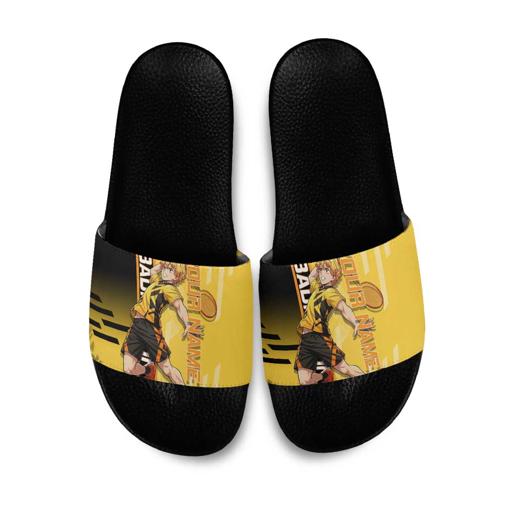 Personalized Zenitsu Agatsuki Demon Slayer Badminton Theme Slide Sandals with Racket Action Pose and Yellow Black Graphic Design - The Mazicc