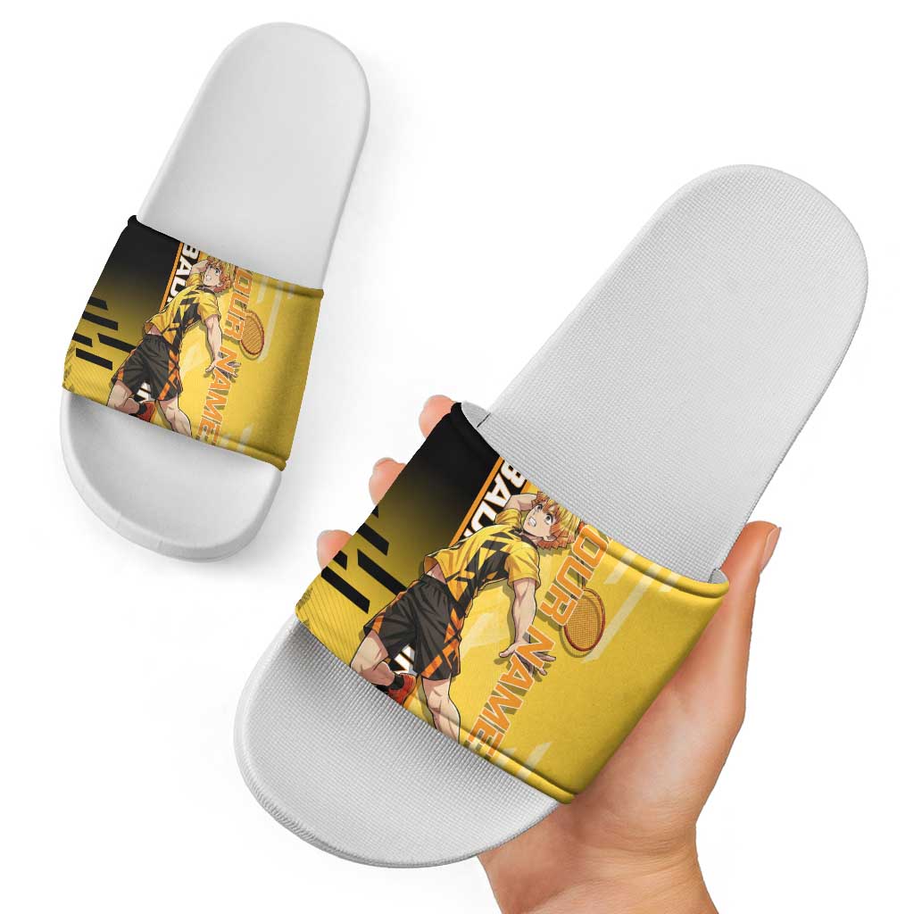 Personalized Zenitsu Agatsuki Demon Slayer Badminton Theme Slide Sandals with Racket Action Pose and Yellow Black Graphic Design - The Mazicc