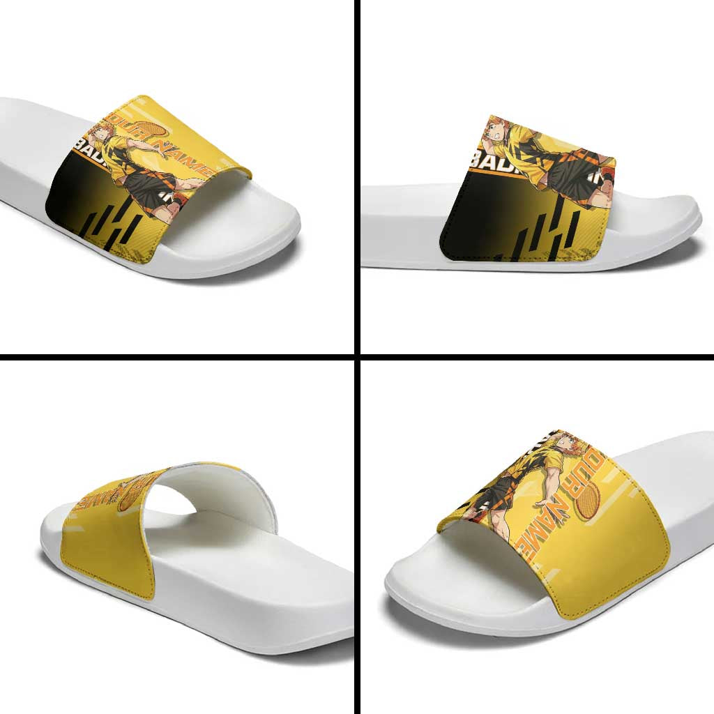 Personalized Zenitsu Agatsuki Demon Slayer Badminton Theme Slide Sandals with Racket Action Pose and Yellow Black Graphic Design - The Mazicc