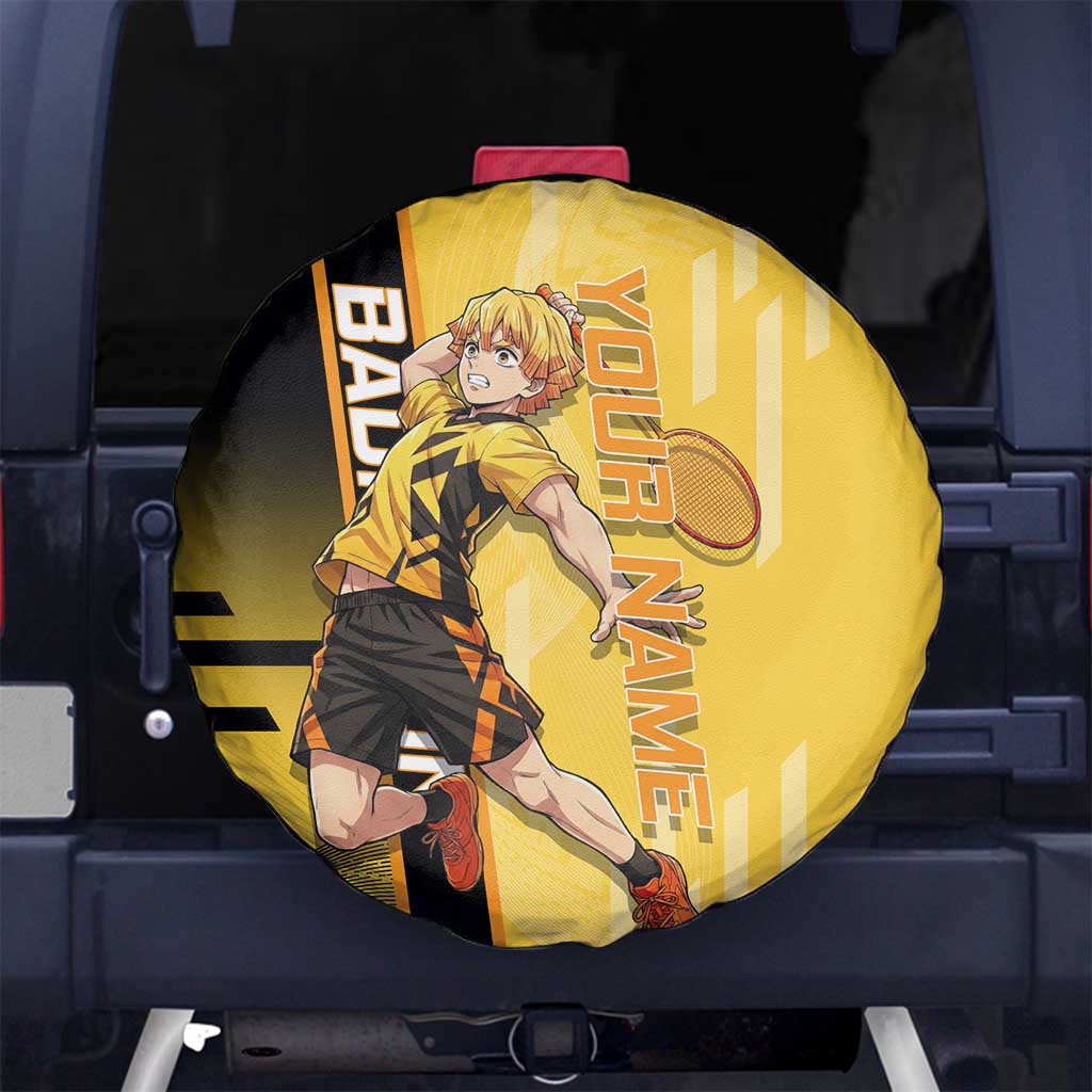 Personalized Zenitsu Agatsuki Demon Slayer Badminton Theme Spare Tire Cover with Racket Action Pose and Yellow Black Graphic Design - The Mazicc