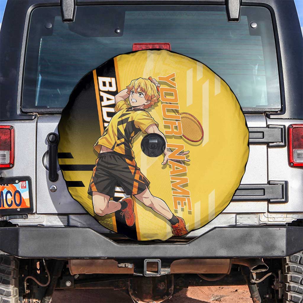 Personalized Zenitsu Agatsuki Demon Slayer Badminton Theme Spare Tire Cover with Racket Action Pose and Yellow Black Graphic Design - The Mazicc